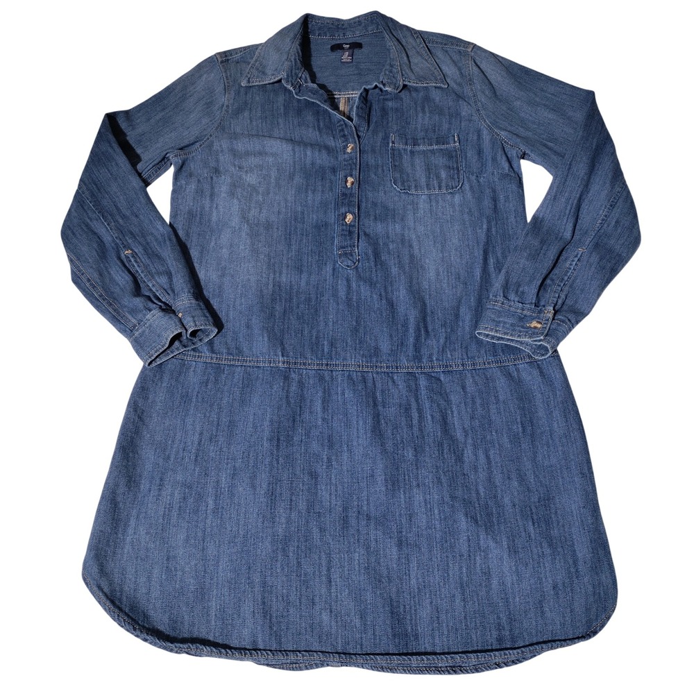 Gap Womens Medium Blue Denim Long Sleeve Collared Shirt Dress Dropped Waist M